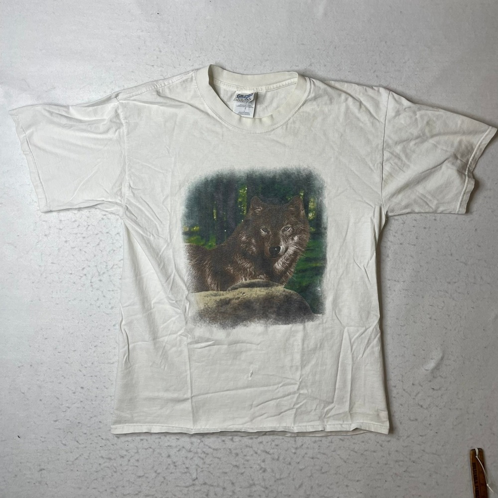 Gildan Ultra‎ Cotton Wolf Graphic T-Shirt Mens Large White Short Sleeve Animal